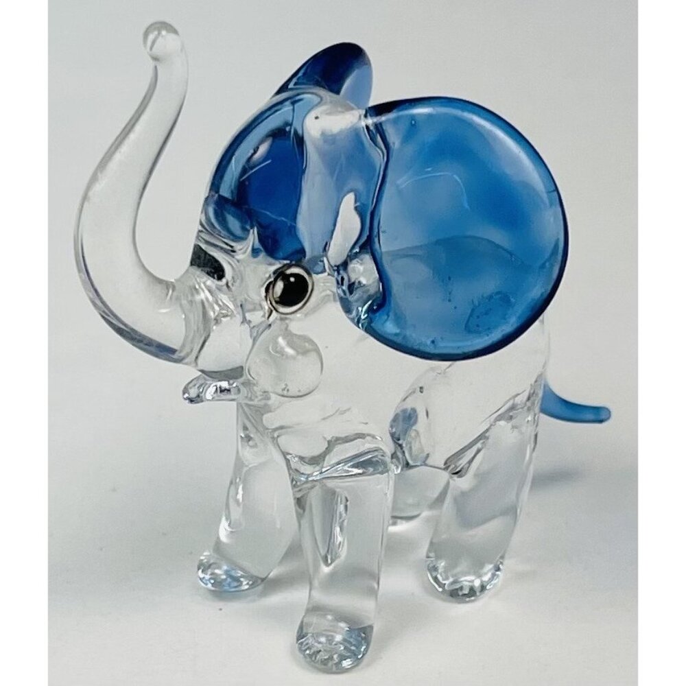 VTG Miniature 2" Handblown Glass Clear & Blue ELEPHANT Figurine Trunk Raised EUC